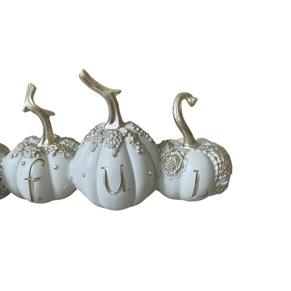 Give Thanks THANKFUL Pumpkins 17.5in Resin White & Gold Fall Designer Decor NEW - Picture 11 of 15